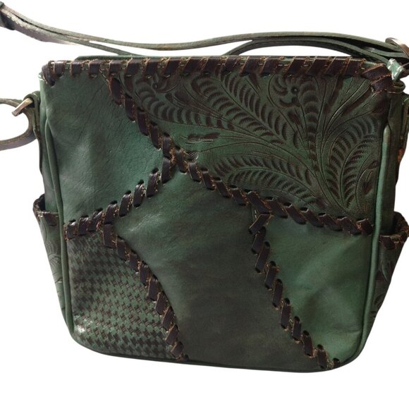 American West Hand Tooled Leather Shoulder Bag Green Vintage Boho Western - Picture 3 of 14